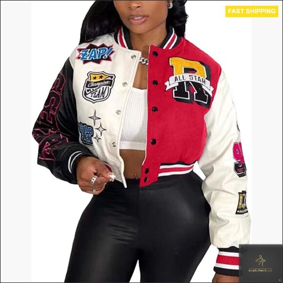 Jackets & Blazers - Cropped Varsity Bomber Jacket, Polyester, Fitted, Long Sleeve, Button Front